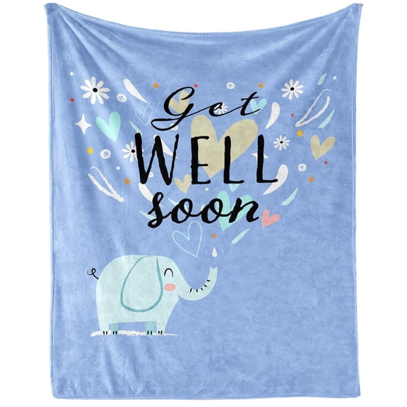 Get Well Blanket for Women Men, Cute Get Well Themed Design Printed Blue Elephant Throw Blankets for Adults Lap, Couch Bed, Warm Soft Cozy Blanket