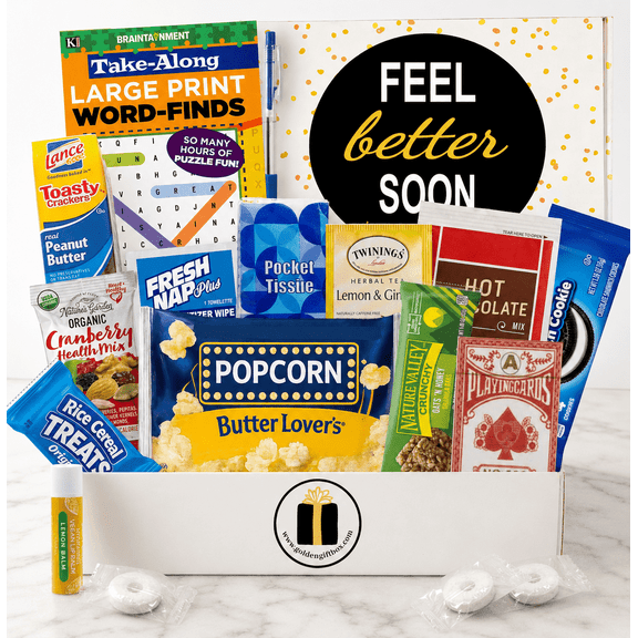 Feel Better Care Package - Get Well Gift with Snacks, Games and Comfort Items