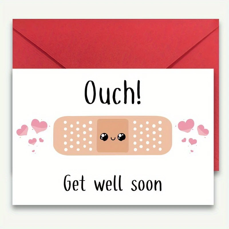 Get Well Soon Card – Cute Band-Aid Design with Red Envelope – Perfect ...