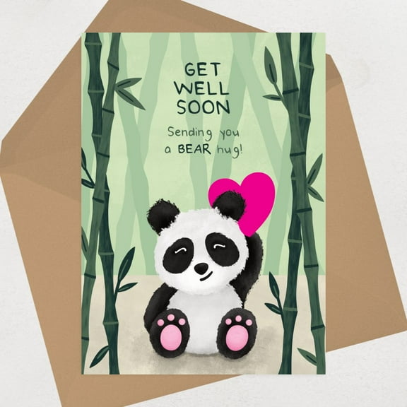 Get Well Soon Card Cute Panda Design with Heart Sending You a Bear Hug Ideal for Encouragement & Support Blank Inside, Envelope Included
