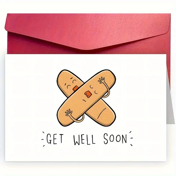 Get Well Soon Card Funny Band-Aid Characters Blank Inside with Envelope Perfect for Encouragement or Recovery Messages