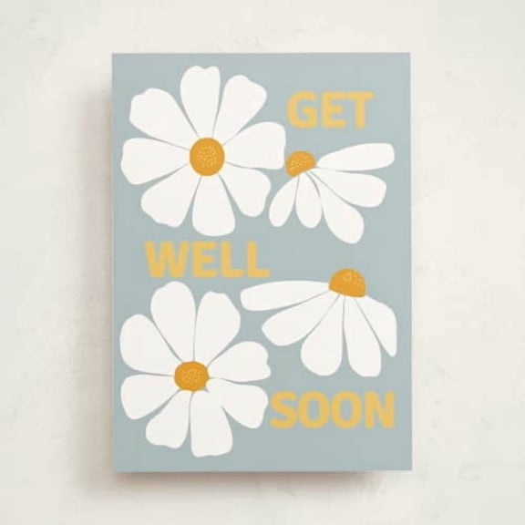 Get Well Soon Card with Daisy Artwork on Blue Background for Friends or Family
