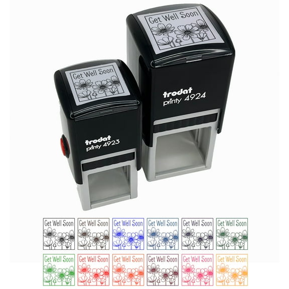 Get Well Soon Cosmos Flowers Drawing Self-Inking Rubber Stamp Ink Stamper - Blue Ink - Small 1 Inch
