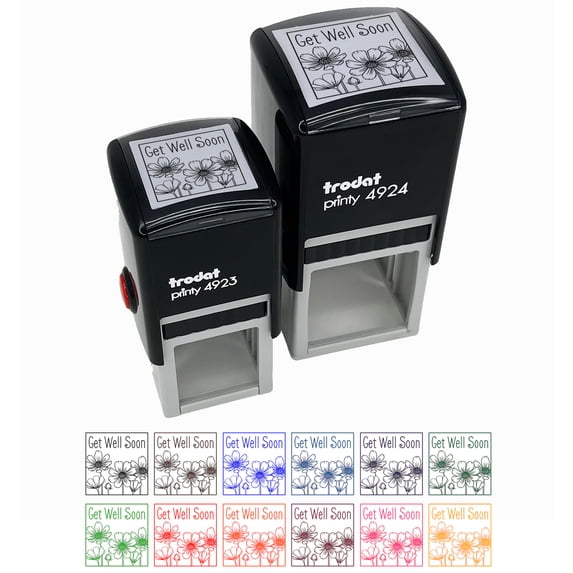 Get Well Soon Cosmos Flowers Drawing Self-Inking Rubber Stamp Ink Stamper - Brown Ink - Small 1 Inch