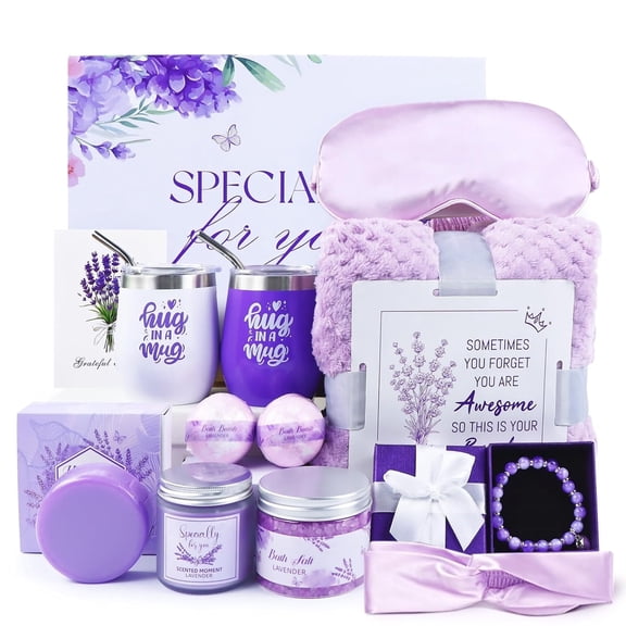 12PCS Unique Curated Self Care Gifts Set for Women, Lavender Spa Care Package with Soft Blanket, Thoughtful Gift for Mother's Day Birthday Get Well