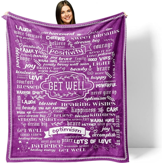 Get Well Soon Gifts, Feel Better Gifts for Women, After Surgery Recovery Gifts for Women, Healing Thoughts Blanket Gifts, Purple Inspirational Positive Energy Flannel Fleece Blanket 60x50inch