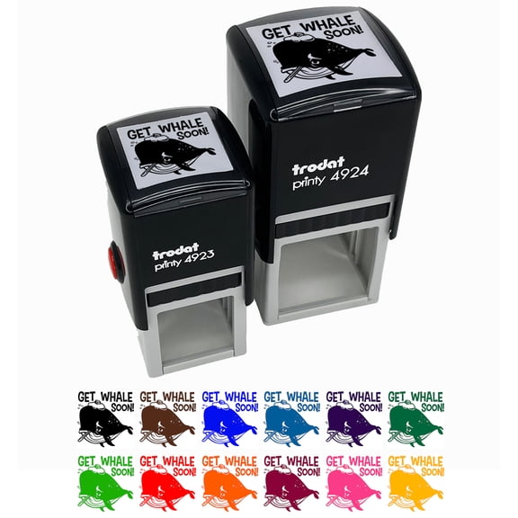 Get Well Soon Sick Whale with Thermometer and Ice Pack Self-Inking Rubber Stamp Ink Stamper - Green Ink - Small 1 Inch
