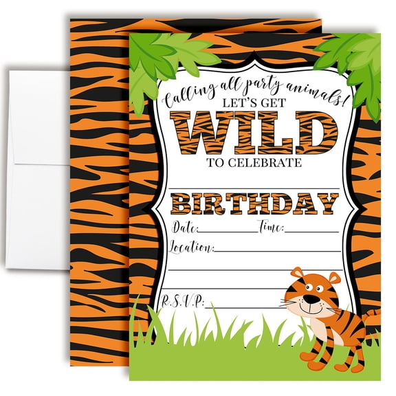 Get Wild Tiger in the Jungle Birthday Invitations for Kids, 20 Fill-In Cards with Envelopes, 5x7 Children's Birthday Party Invitations, Birthday Party Supplies, Made in USA by Amanda Creation