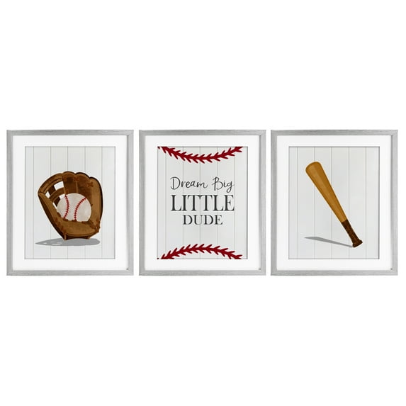 Stupell Industries Get Your Baseball Game On 3 Piece Gray Framed Print Under Glass Set, design by Christine Simpson Art