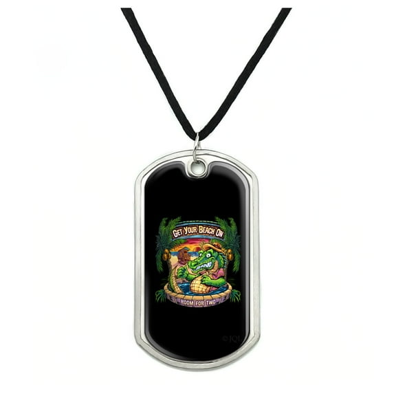 Get Your Beach On Gator Tropical Tiki Bar Military Dog Tag Pendant Necklace with Cord