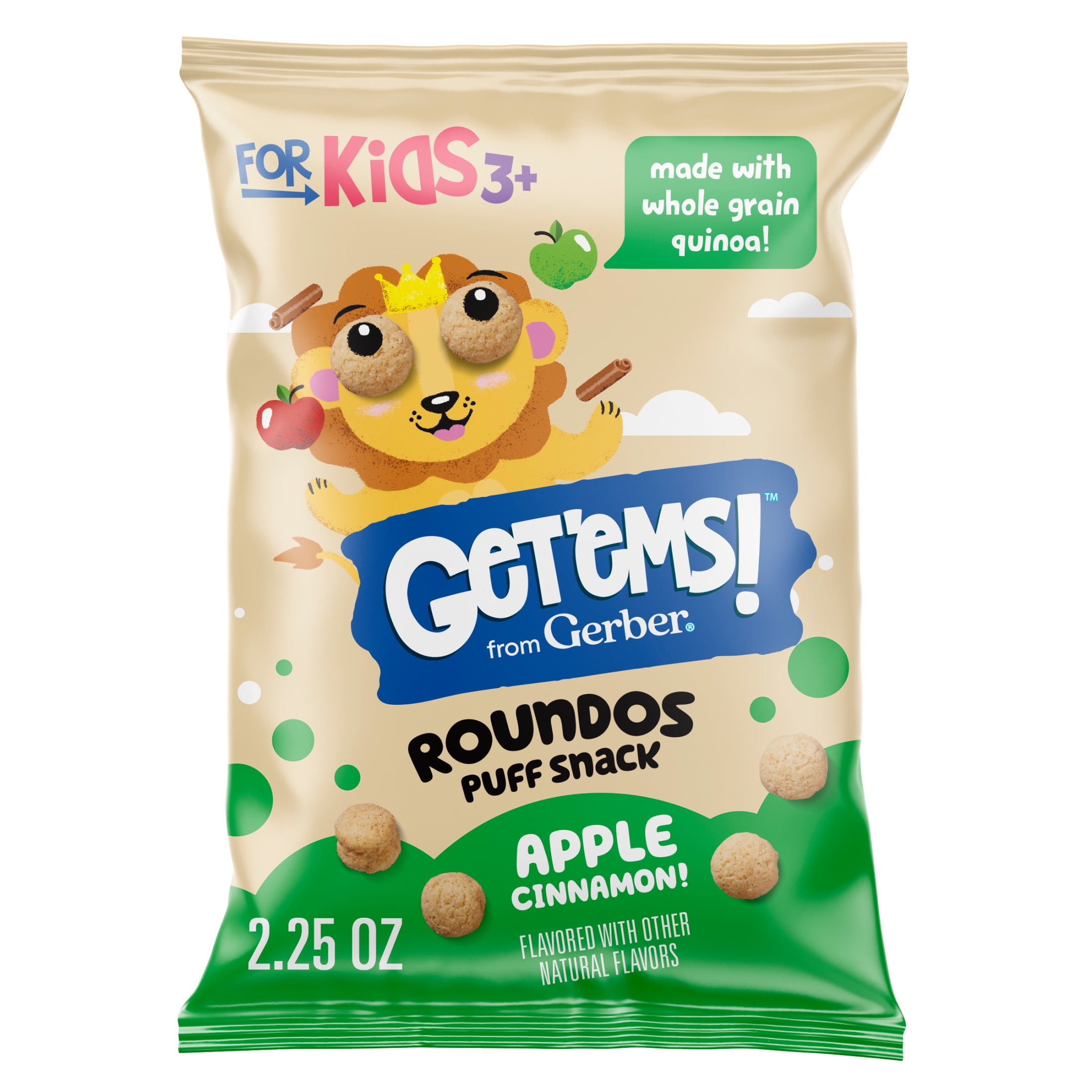 Get'ems from Gerber Apple Cinnamon Roundos Puffs Snacks, Kids Snack Made with Whole Grain Quinoa, Calcium to Support Strong Bones 2.25 oz