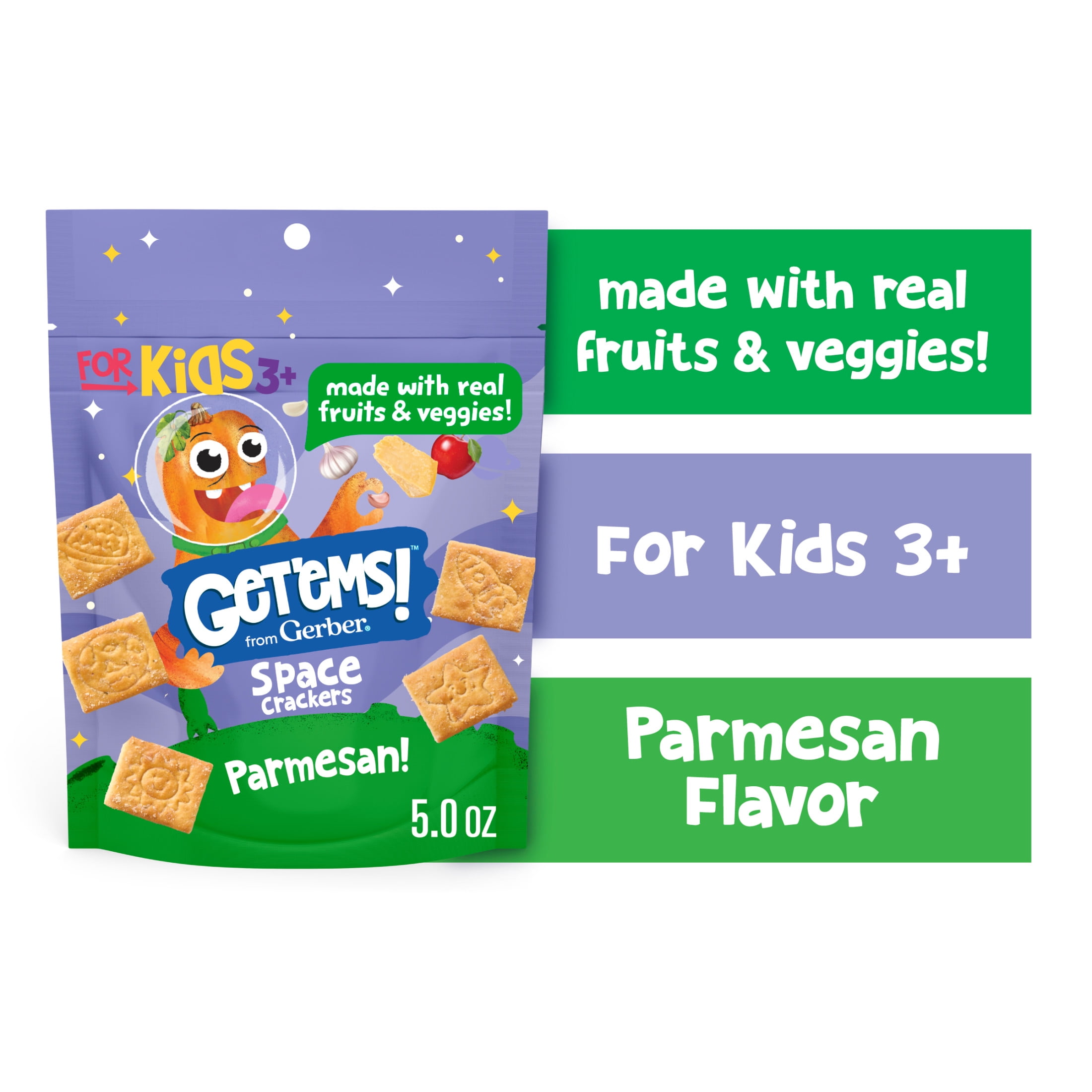 Get'ems from Gerber Parmesan Space Crackers, Kids Snack Made with Real Veggies & Fruits, Iron & Vitamin E 5 oz