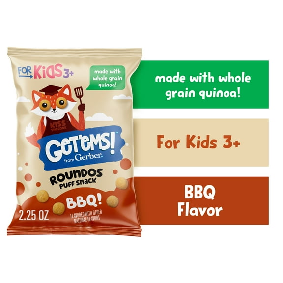 Get'ems from Gerber BBQ Roundos Puff Snack, Kids Snack Made with Whole Grain Quinoa, Calcium to Support Strong Bones 2.25 oz
