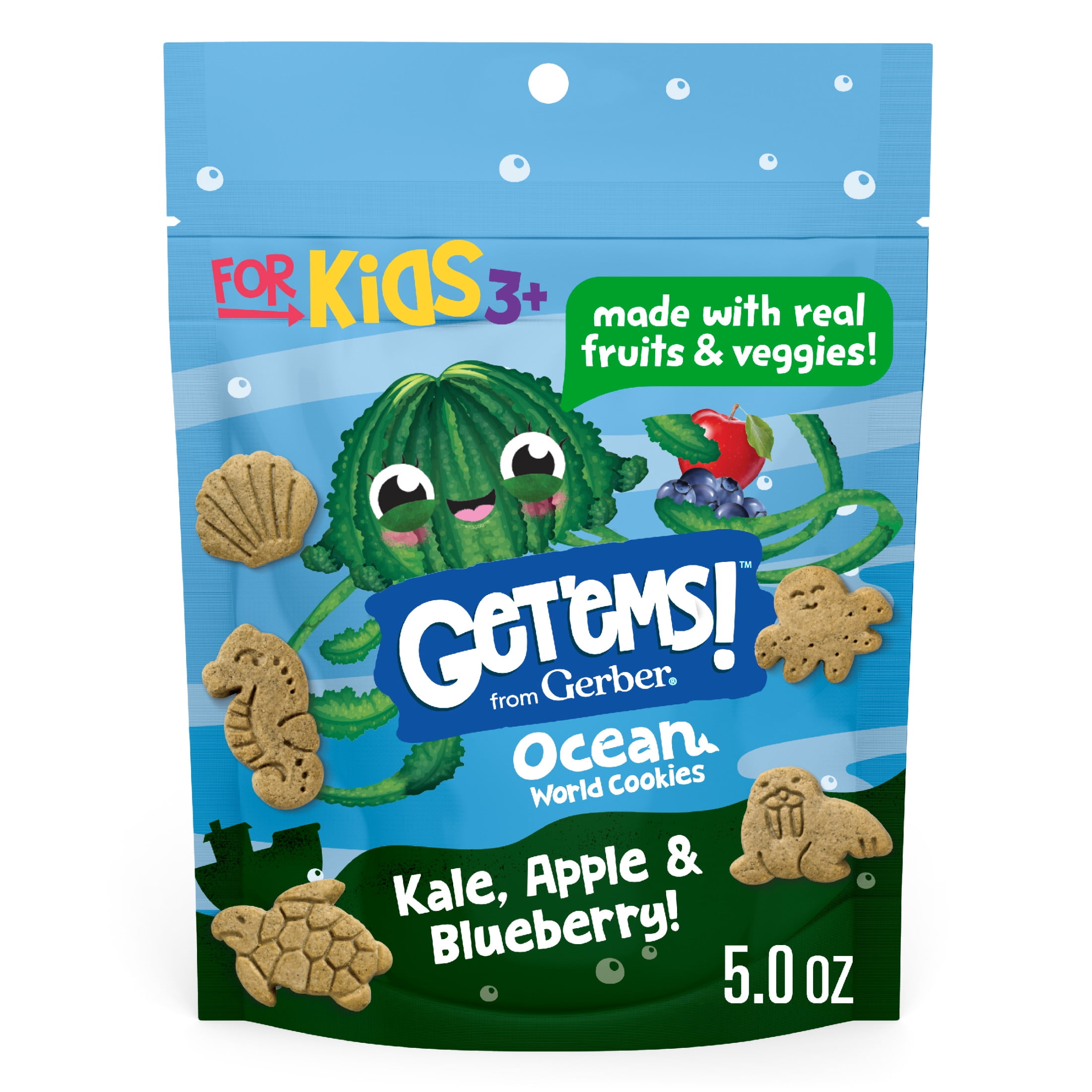 Get'ems from Gerber Kale, Apple & Blueberry Ocean World Cookies, Kids Snack Made with Real Veggies & Fruits, Iron & Vitamin E 5 oz