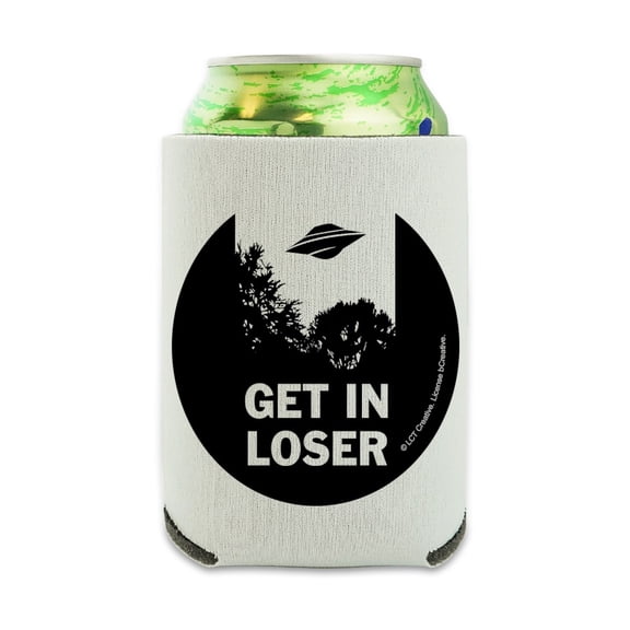 Get in Loser UFO Alien Abduction Funny Humor Can Cooler - Drink Sleeve Hugger Collapsible Insulator - Beverage Insulated Holder