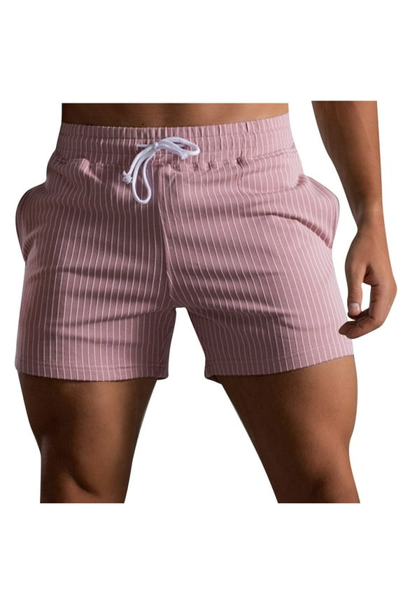 Get it today HOOMEUMY Men's Summer Sports Running Bodybuilding Beach Shorts Striped Drawstring Elastic Waist Loose Fit Shorts with Pockets Pink 12