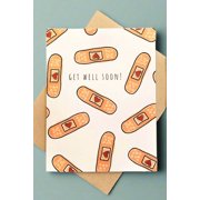 Get well soon card with bandage and heart illustrations for friends and loved ones. Ideal for cheerful support during illness or recovery.