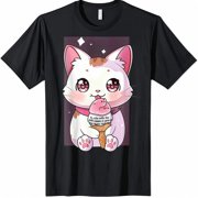Get whiskered away with our purrfectly sweet Black TShirt featuring a kawaii cat enjoying ice cream in Japanese anime style 🍦