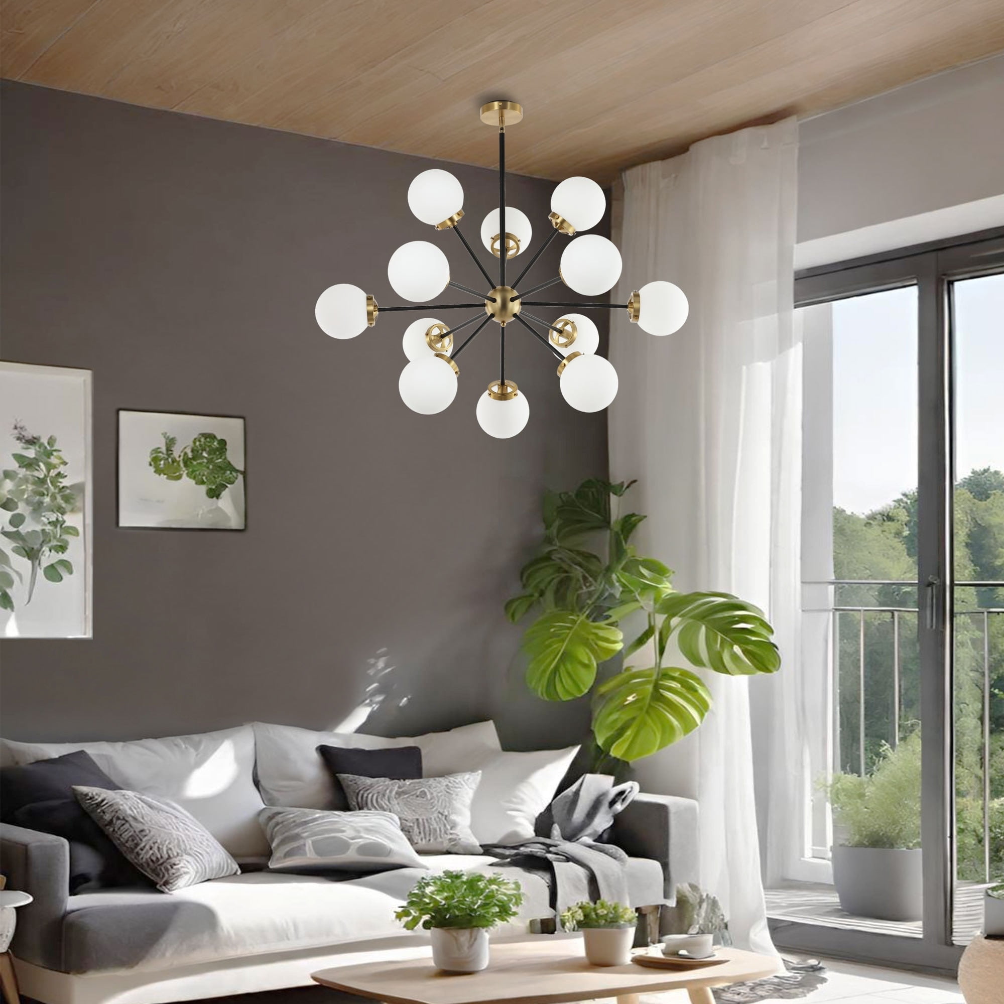 GetLedel 12-Light Modern Sputnik Sphere Chandelier with Glass Globe Shades - 39.5" Black Finish with White Glass Shades Painted Painted