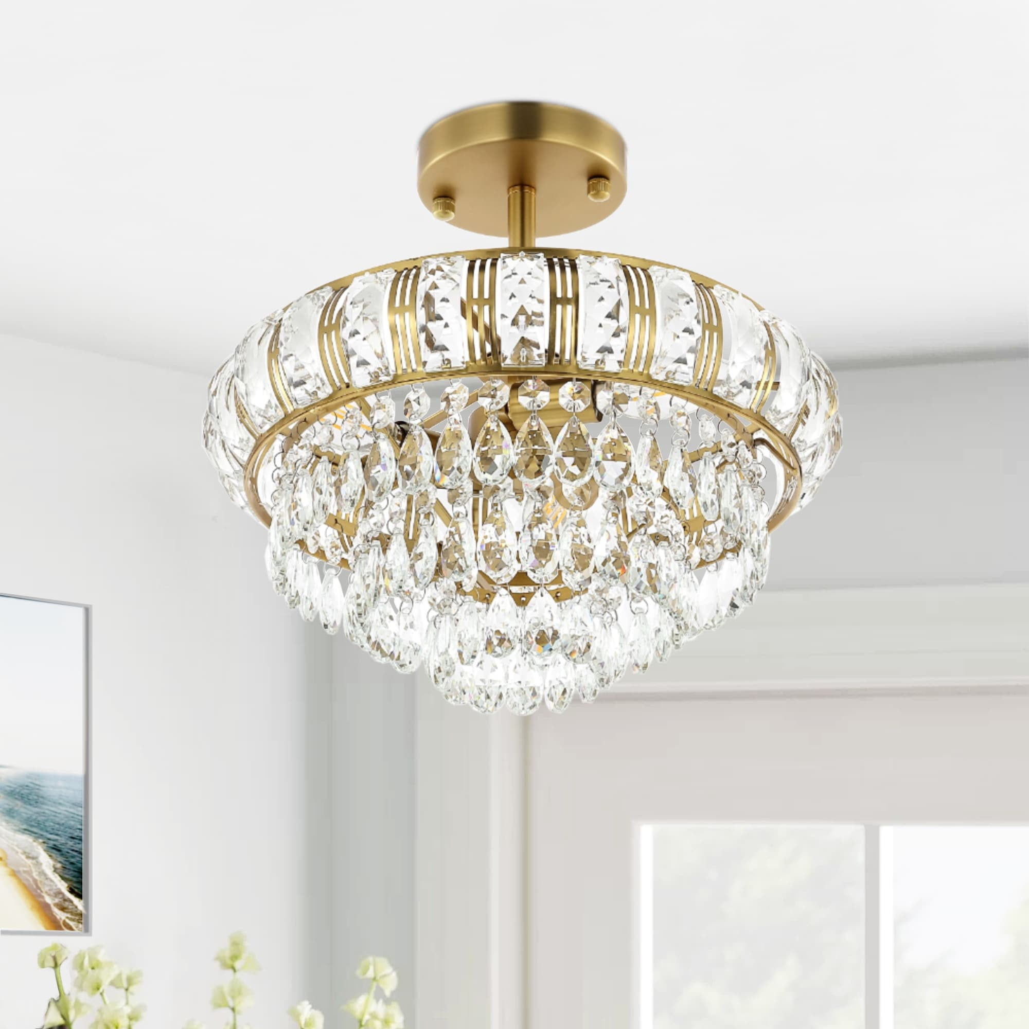 Gold Beaded Crystal 3-Light Semi Flush Mount Chandelier