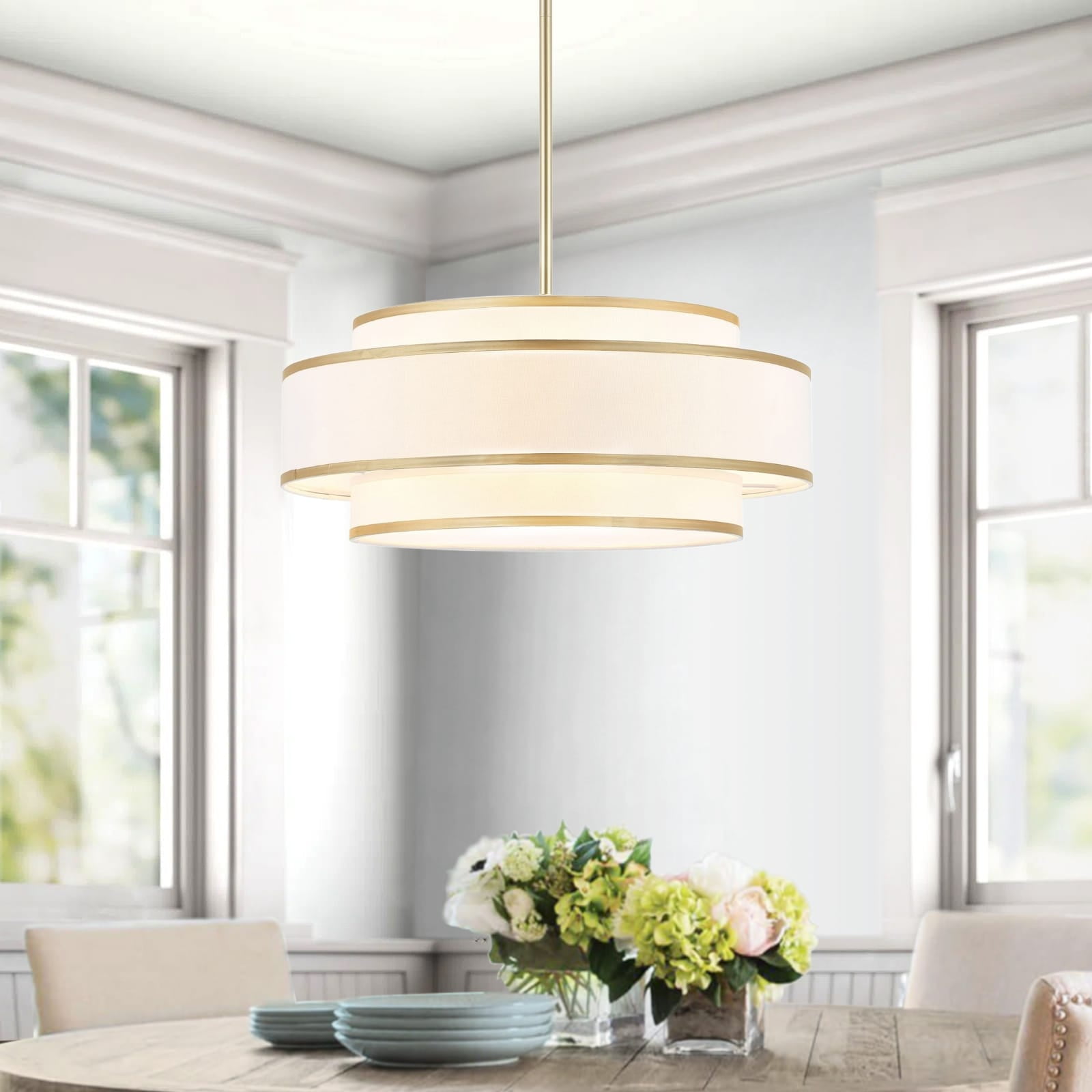 Gold Double Shaded Drum Chandelier with Fabric Shades