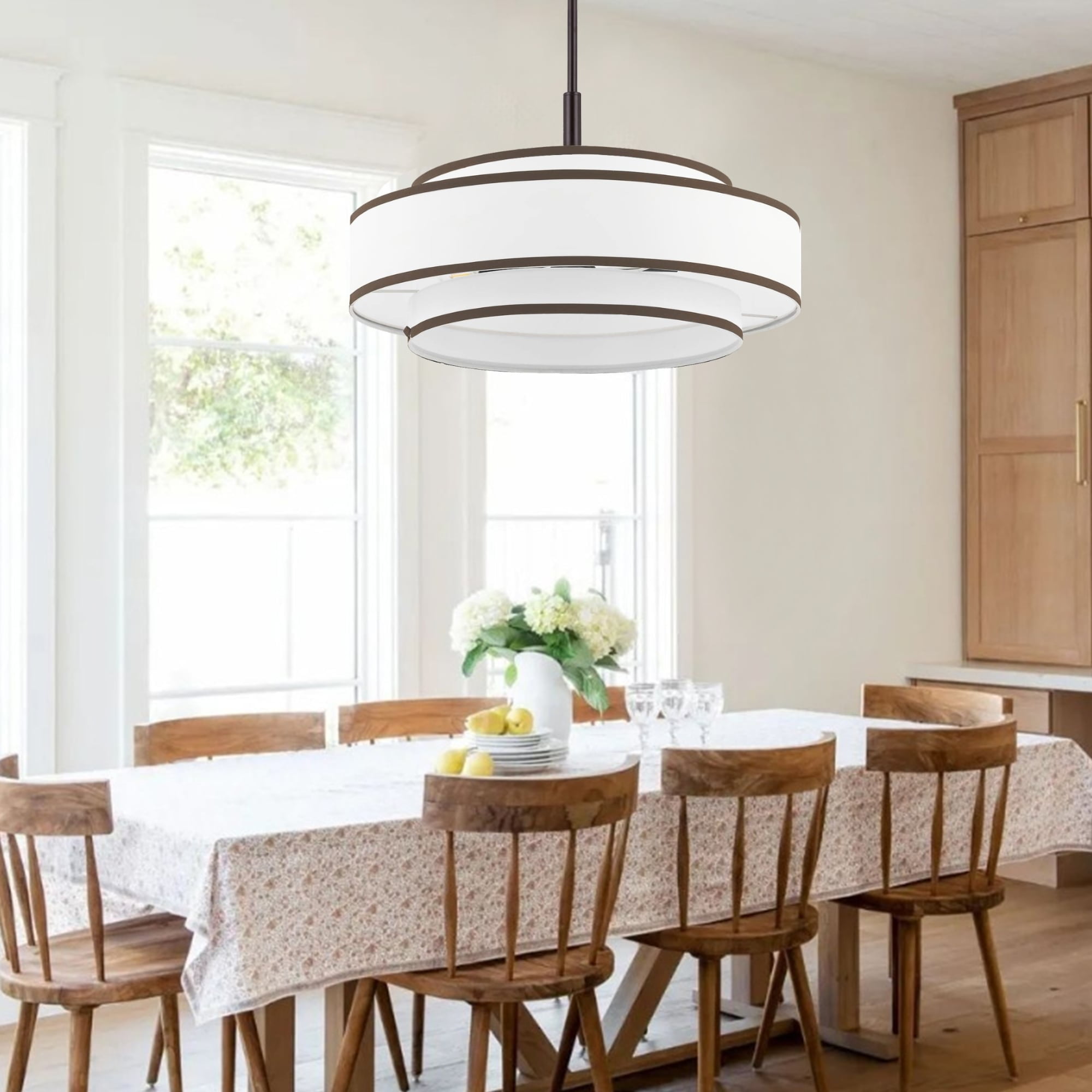 Bronze and White Fabric Double Drum 5-Light Chandelier