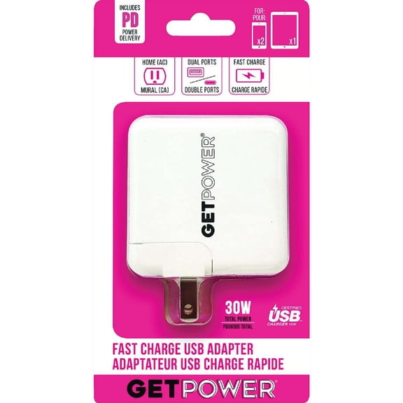 GetPower Dual USB AC Adapter GP-AC2USB-PD - 30W, PD30W, Corded Electric - 6 Pack, Multicolor