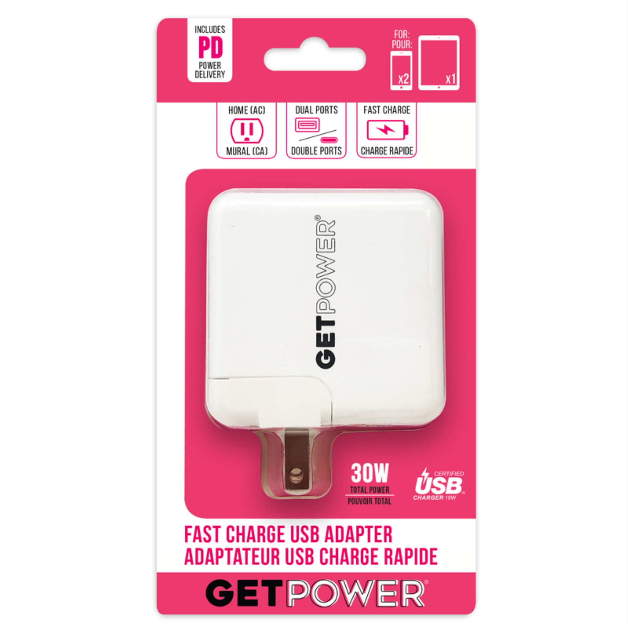 GetPower 30W Dual USB AC Adapter, White GP-AC2USB-PD - Walmart Business ...