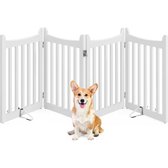 GetRich 24" H Freestanding Pet Gate for Dogs Wooden Dog Gates for Hallway, Doorway Collapsible Indoor Pet Fence with Support Feet Stair Barrier 4 Panels Fence White