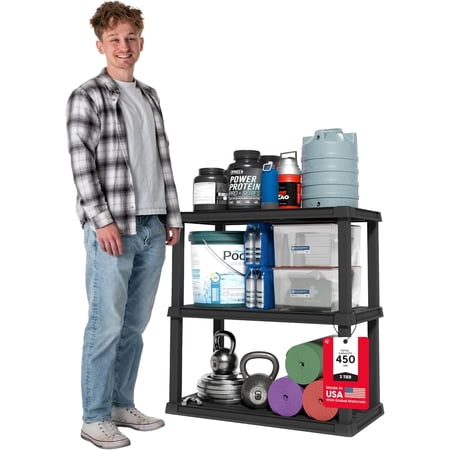 GetRich 3-Shelf Heavy Duty Plastic Storage Shelves, 450lb Capacity, 38" H x 36" W x 18" D, Large Modular Shelving Unit Storage Organizer for Garage, Home, Warehouse & Gym, Storage Rack - Black