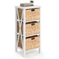 thumbnail image 1 of GetRich 3-Tier Nightstand with 3 Wicker Baskets, Wooden X-Design Side Table End Table, Beside Table with Acacia Wood Legs, Mid Century Accent Storage Cabinet for Small Spaces, Bedroom, White, 1 of 8