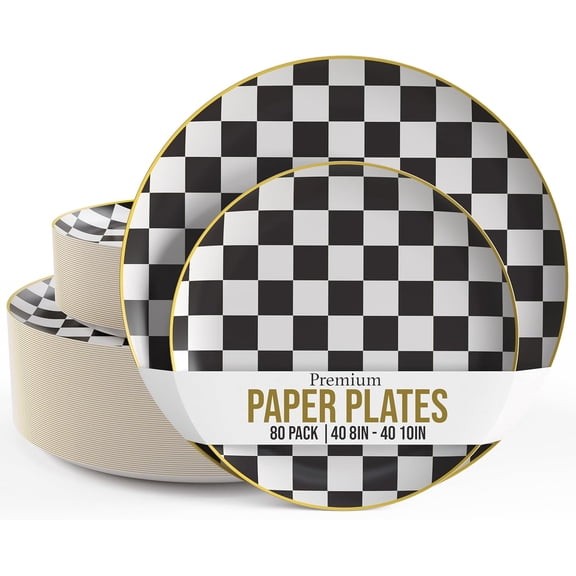 GetRich Checkered Paper Plates with Gold Rim | 80 Pcs Black And White Checkered Plates For Party - 40 x 8 & 40 x 10 | Race Car Party Decorations