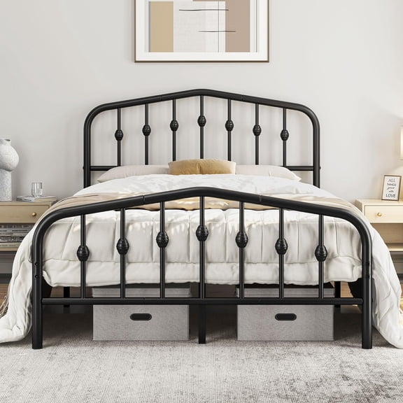 GetRich Full Platform Bed Frame, Victorian Crown Headboard, 800lb Capacity, 12.6" Under-Bed Space, No Box Spring Needed, Black