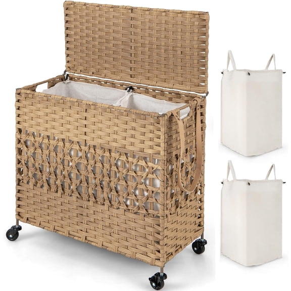 GetRich Laundry Hamper with Wheels and Lid, 33 Gal (125L) Wicker Laundry Basket, 2 Removable Liner Bags, Handles and Pulling Strap, Synthetic Rattan Rolling Laundry Hamper Clothes Storage