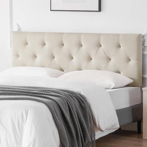GetRich Linen Upholstered Headboard Full Size, Modern Diamond Tufting Solid Wood Full XL Headboard Only, Adjustable Height from 37 to 51 Head Board, Bed Frame or Wall Mount Headboards, Beige