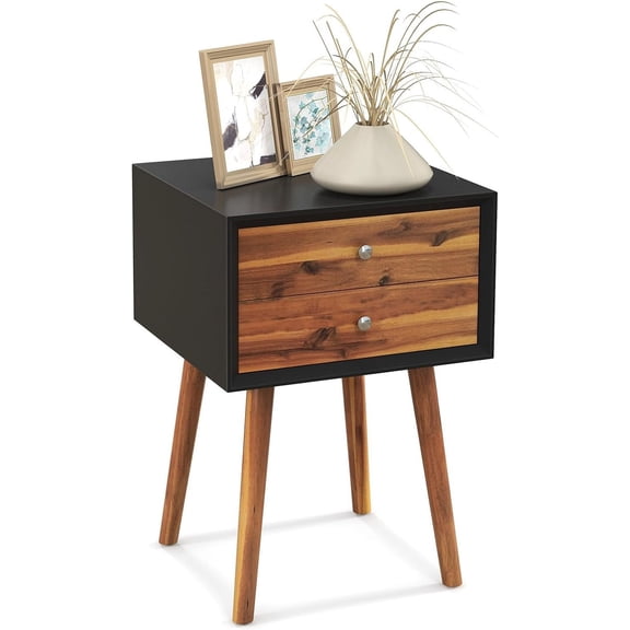 GetRich Nightstand with 2 Drawers, Mid Century Modern Bedside Table with Solid Wood Legs, Practical End Side Table for Living Room Bedroom Small Space, Night Stand, Black & Walnut