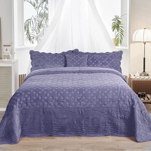 GetRich Oversized King 4 Piece Faux Fur Quilted Tatami Bedspread Bedding Set, Soft Plush Warm Breathable Durable Quilt Coverlet Set with Matching Shams Pillows, 120" x 120", Day Break