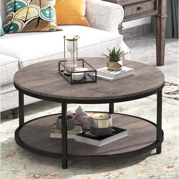 GetRich Round Coffee Table 35.8" Circle Coffee Tables for Living Room Rustic Industrial Cocktail Table with Sturdy Metal Frame and Open Storage Shelf, Easy Assembly, Gray Brown