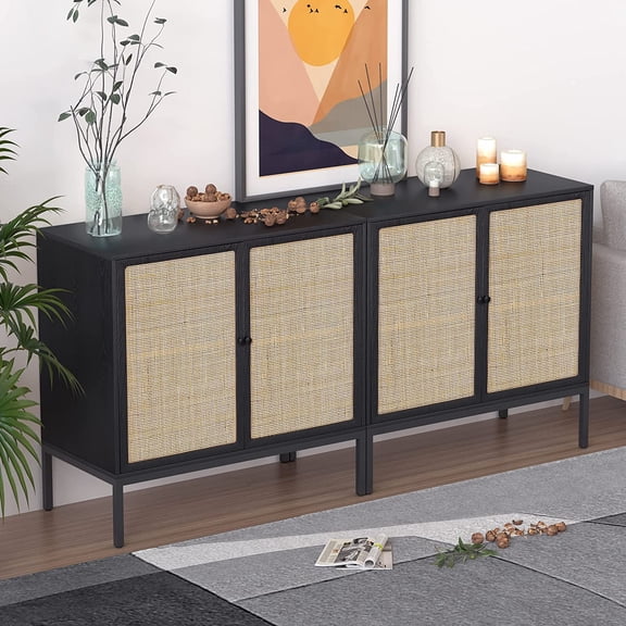 GetRich Sideboard Buffet Cabinet with 2 Natural Rattan Decorated Doors, 31.5" W Accent Rattan Cabinet, Boho Credenza Storage Cabinet, for Living Room Dining Room Hallway, Metal Legs, Black(2 PCS)