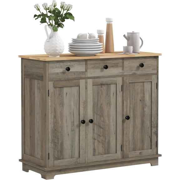 GetRich Sideboard Buffet Cabinet with Solid Wood Countertop, Modern Kitchen Storage Cabinet, Coffee Bar Cabinet with 3 Drawers, Doors and Adjustable Shelf, Distressed Gray
