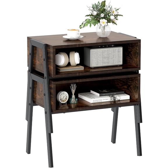 GetRich Stackable End Tables, Wood Nightstands w/Metal Frame & Open Storage, Industrial Bedside Tables for Bedroom, Living Room, Study, Small Spaces, Rustic Brown