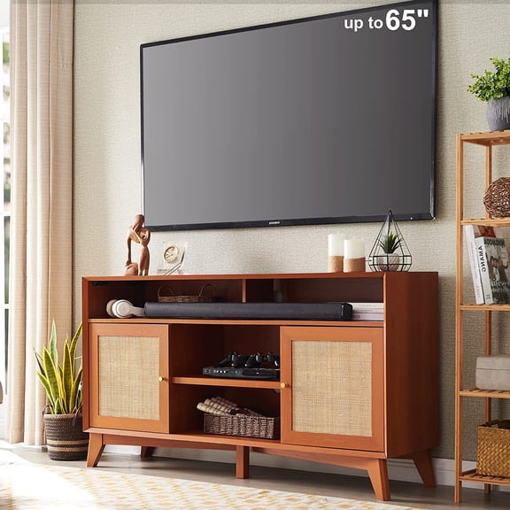 GetRich TV Stand for 65+ Inch TV, 32'' Tall Highboy Entertainment Center, Mid Century Modern Media TV Console with Natural Rattan Door, Adjustable Shelves, Boho Television Stand, Cherry