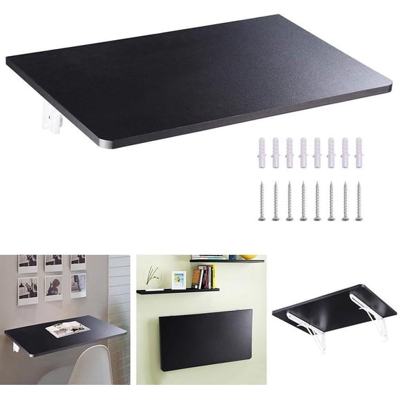 GetRich Wall Mounted Floating Folding Desk Wooden PC Dining Drop Leaf Table Workbench 24"x16" 50lbs Weight Capicity for Study Black
