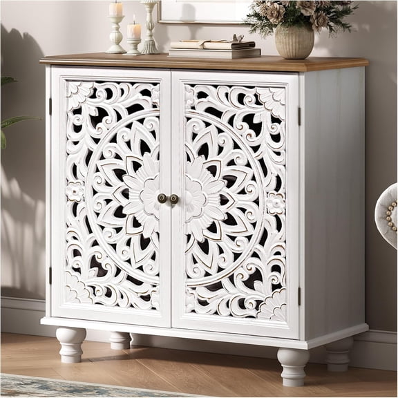GetRich White Accent Cabinet with Walnut Finish Top, 31" Farmhouse Storage Cabinet with Carved Doors for Living Room, Sideboard Buffet for Dining Room, Solid Wood Legs