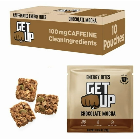 GetUp  Caffeinated Granola Bites - Chocolate Mocha (10 Count)  100mg Caffeine Energy Bites  Low Calorie, Gluten-Free, 0 Seed Oils  Pre-Workout Portable Snack  Coffee Substitute