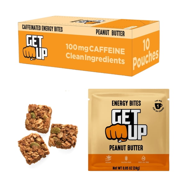 GetUp  Caffeinated Granola Bites - Peanut Butter (10 Pack)  100mg Caffeine Energy Bites  Low Calorie, Gluten-Free, 0 Seed Oils  Pre-Workout Portable Snack  Coffee Substitute - Low Sugar Energy
