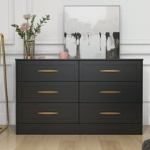 GetYes 6-Drawer Modern Wood Dresser with Gold Handle, Black, Adults