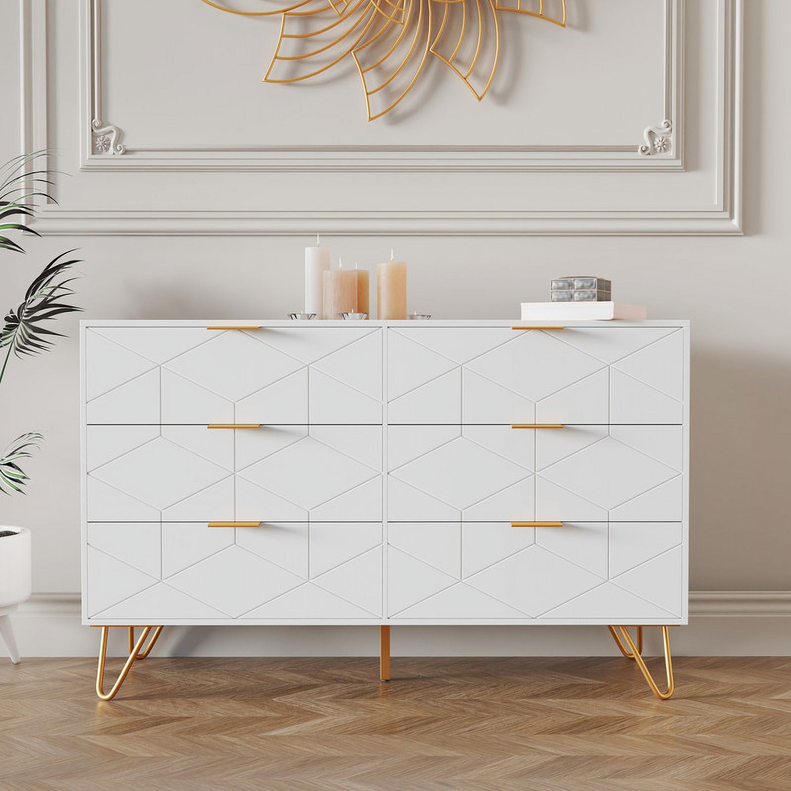 GetYes 6 Drawers Modern Wood Dresser Chest with Deep Drawers and Metal