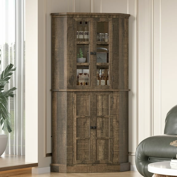 GetYes 67-Inch Corner Pantry Cabinet, 6-Tier Farmhouse with Glass Doors