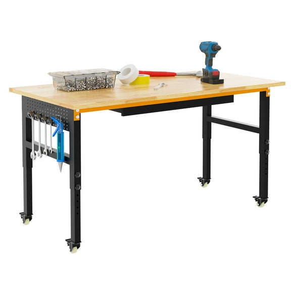 GetYes Adjustable Workbench, 60" x 24" Rubber Wood Heavy Duty Workstation, 2000 LBS Capacity